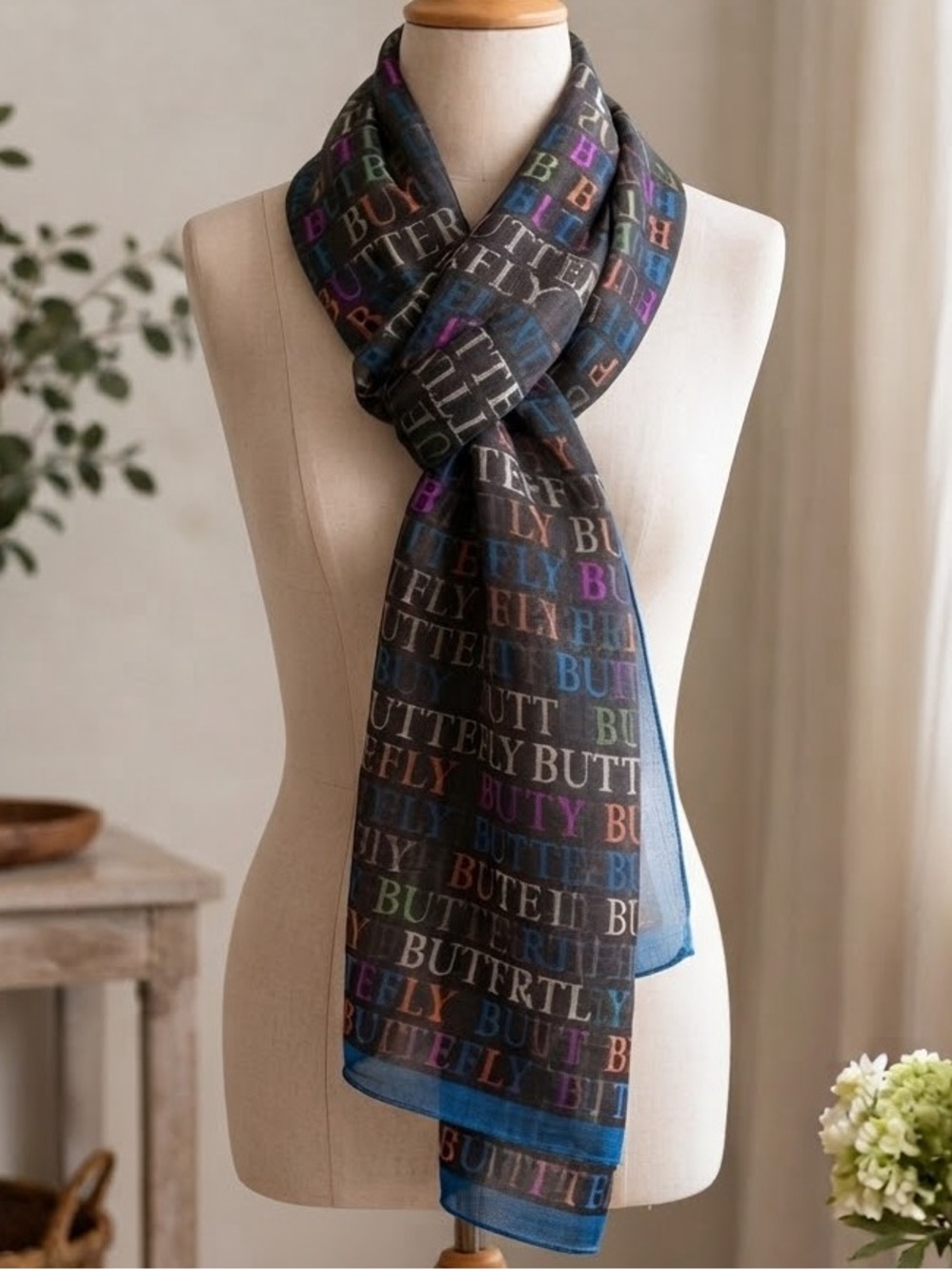 Mosi Butterfly Wrap Scarf Long Teal Brown Colorful Lightweight